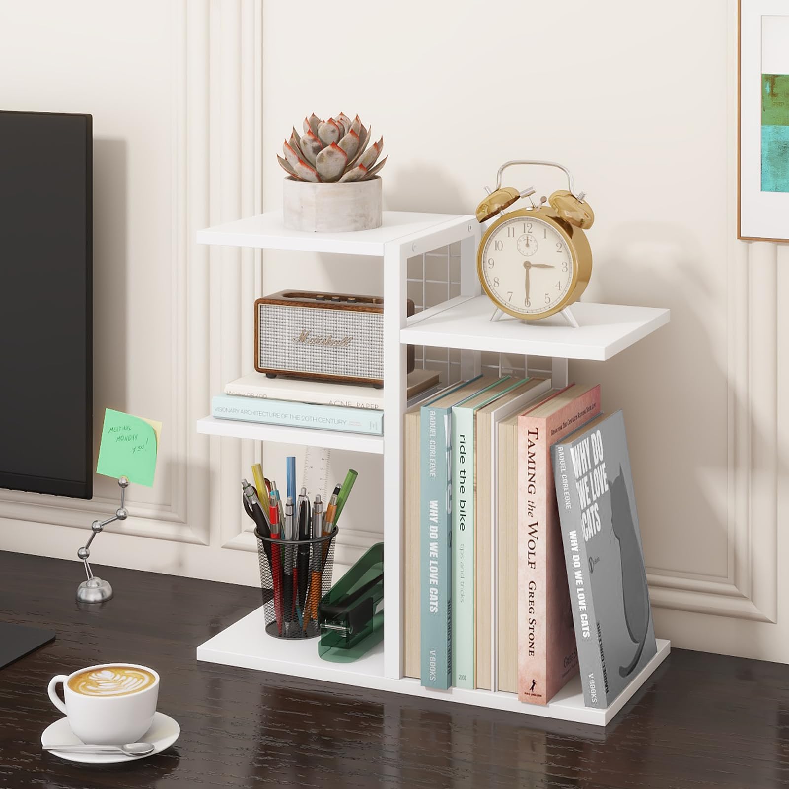 ELITEROO Desk Bookshelf, 4 Tier Wood Desktop Bookshelf, Adjustable Table Top Book Shelf and Storage