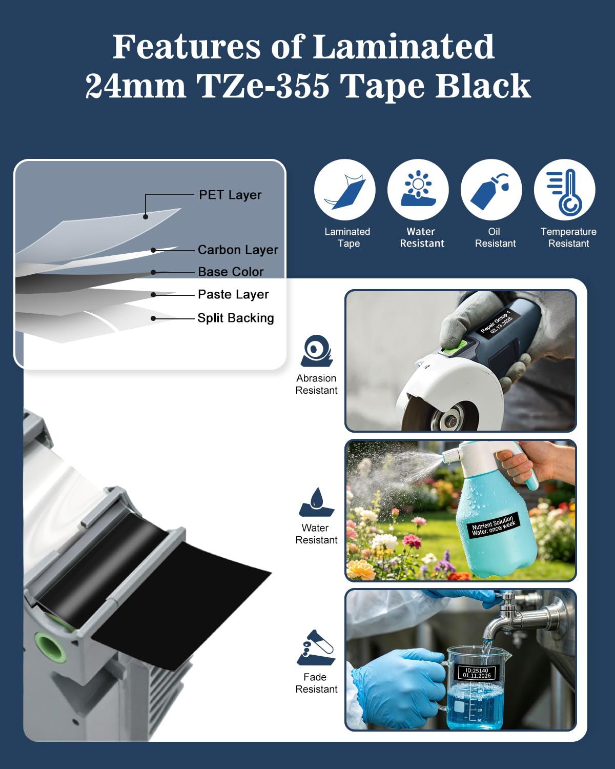 TZe-355 24mm 0.94 White on Black Compatible with Brother P Touch PT-D610BT