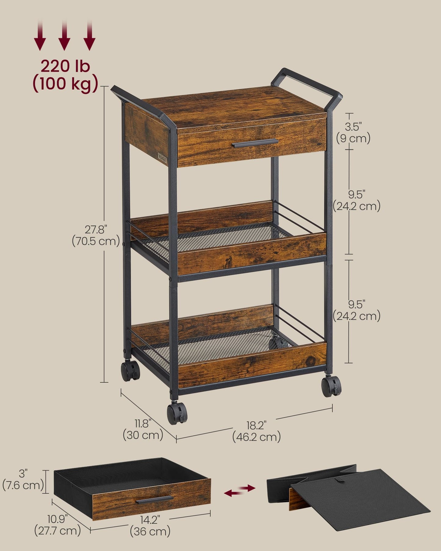 VASAGLE Storage Cart, 3-Tier Rolling Utility Cart with Table Top