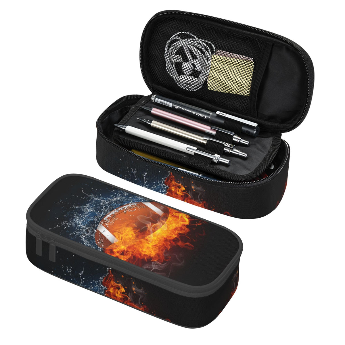 Kids Pencil Pouch for Boys, Football Pencil Case with Fire Water Pattern Print, Big Capacity Black