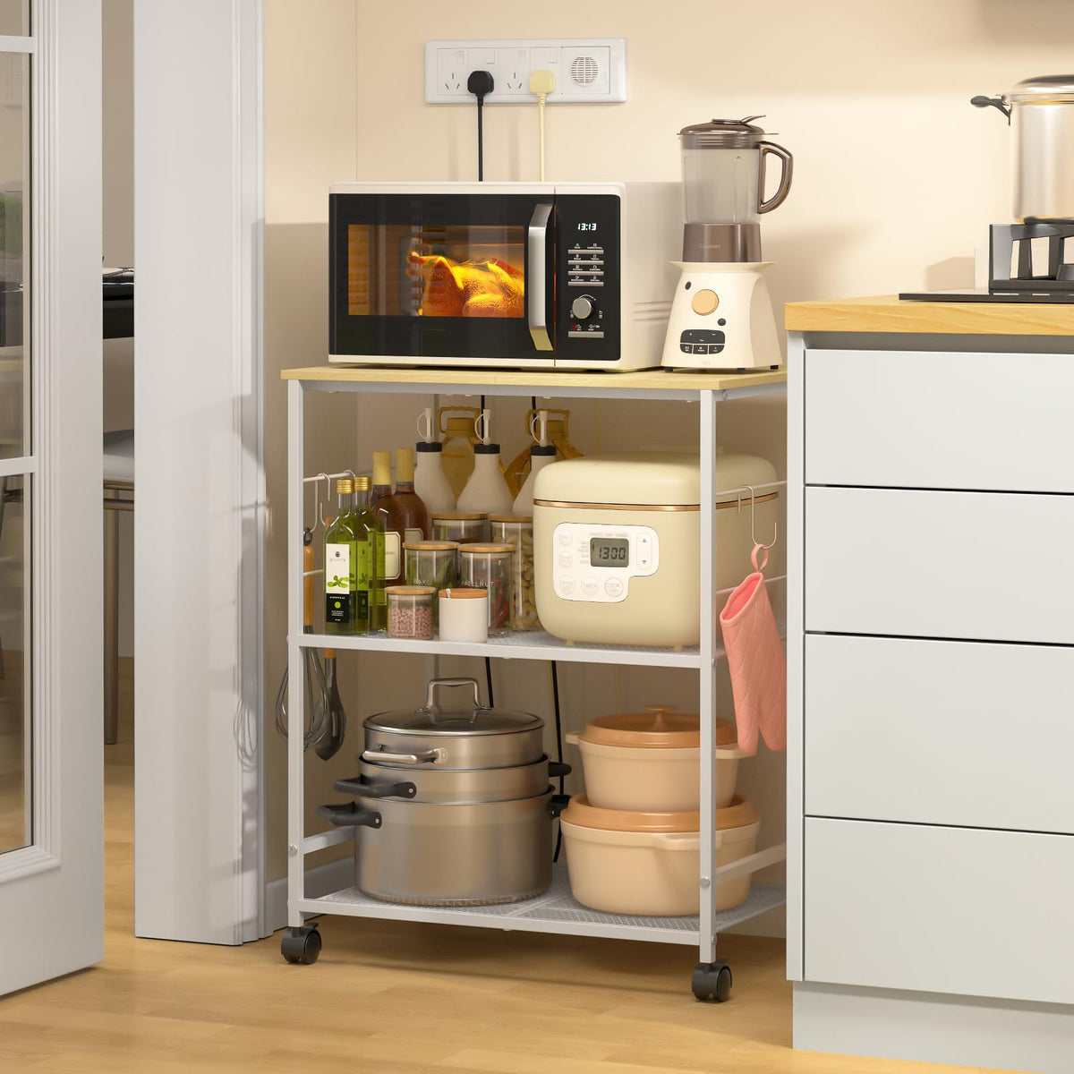 ThreeHio Rolling Kitchen Microwave Cart, 3 Tier Microwave Table Stand with Storage, Kitchen Utility