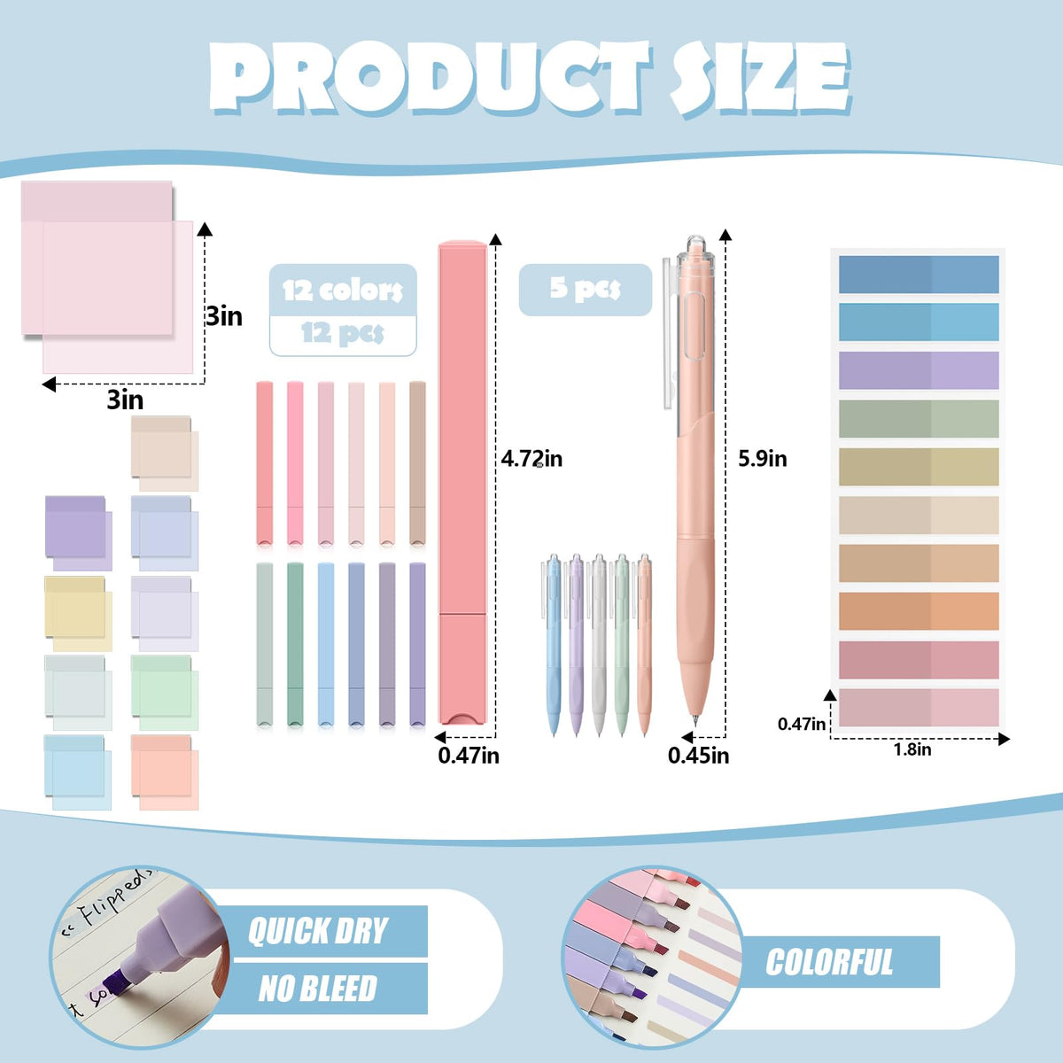 Jutom 39 Pcs Aesthetic Book Annotation Kit,Light Blue,Cute Style