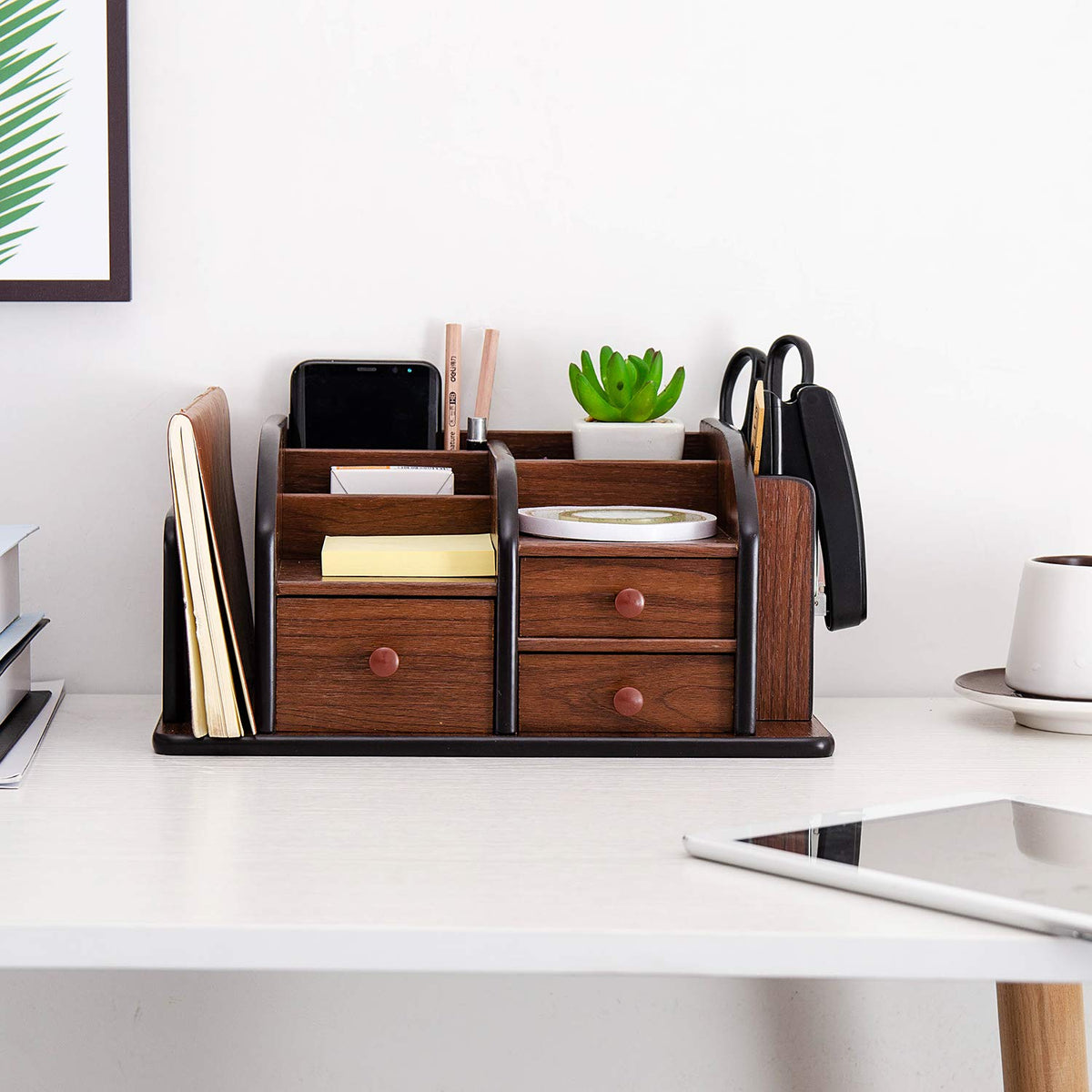Liry Products Brown Wooden Desk Organizer Multiple Compartments 3 Drawers Slots 2 Shelves Racks