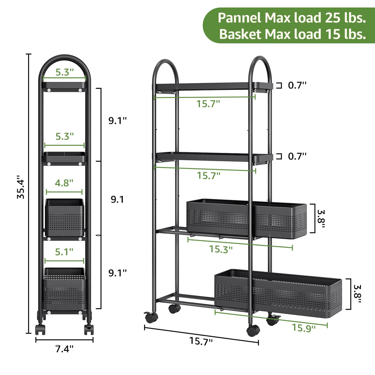 KINGRACK 4 Tier Slim Rolling Cart with Drawer, Metal Utility Storage Cart