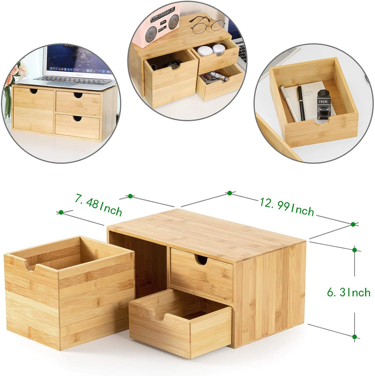 Bamboo Desk Drawer Organizer, Desktop Organizer with Drawers(3 Drawers)