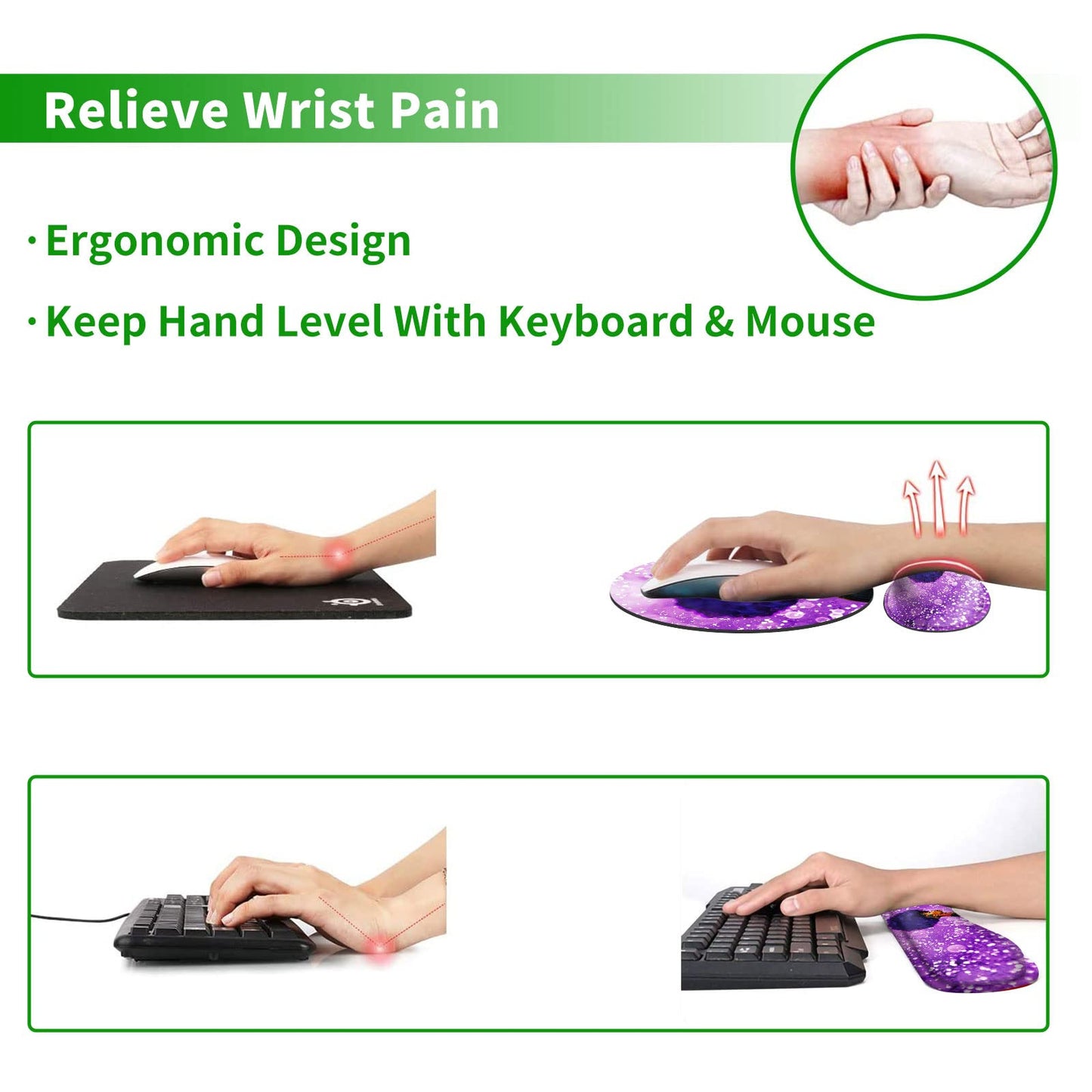 Ergonomic Keyboard Wrist Rests Gel Memory Foam Mouse Pad with Round Mousepad + Coasters, Wrist