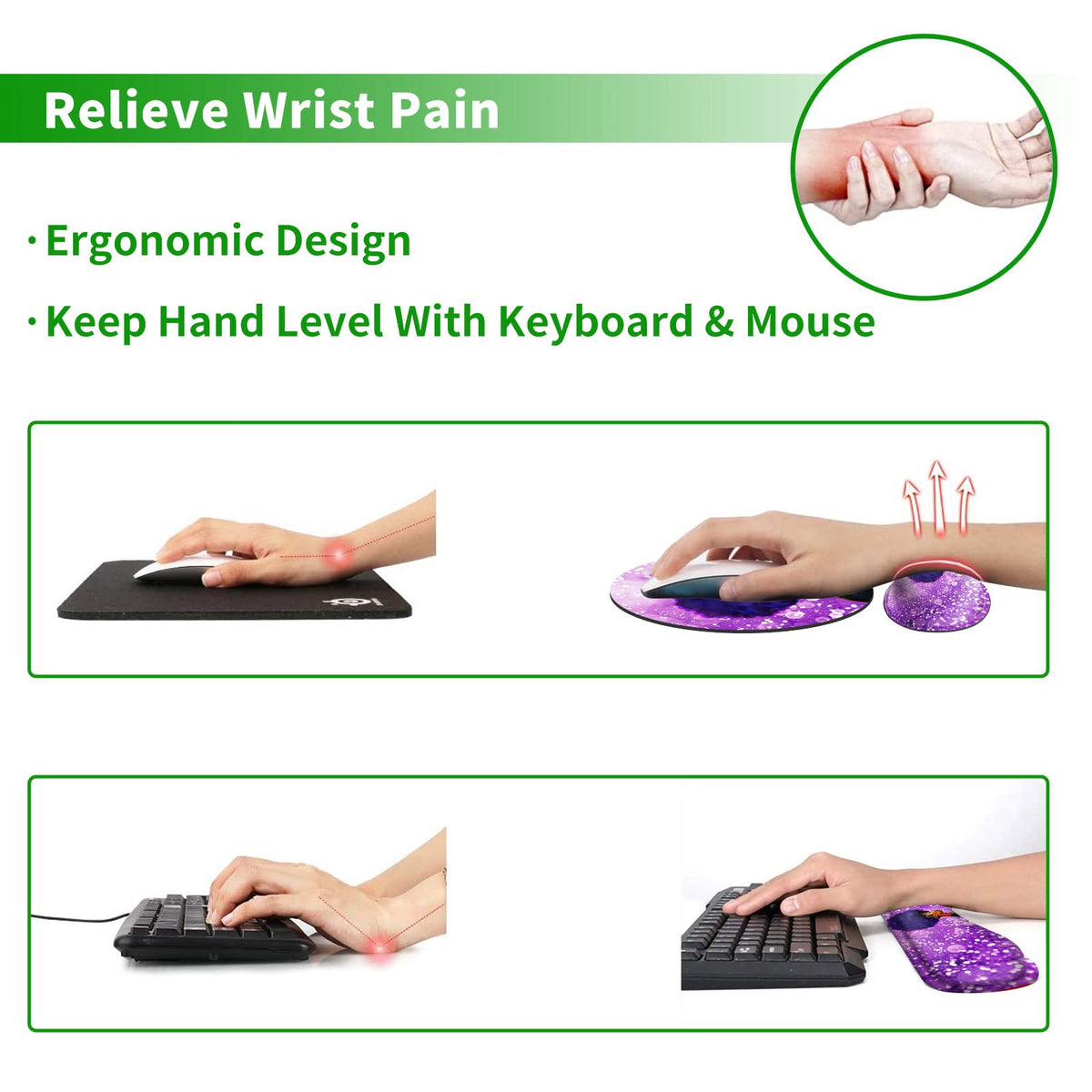 Ergonomic Keyboard Wrist Rests Gel Memory Foam Mouse Pad with Round Mousepad + Coasters, Wrist