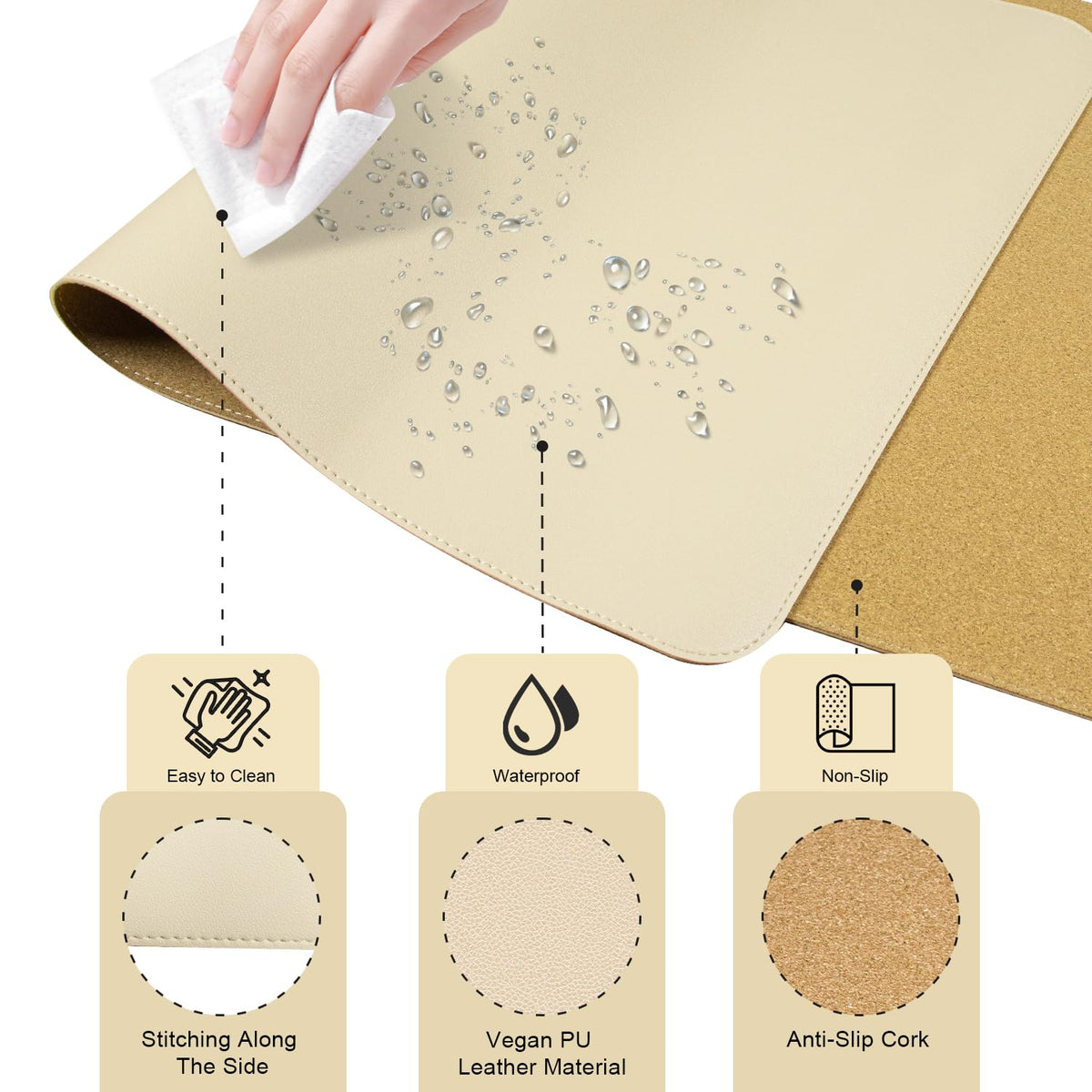 BLESWIN Large Desk Pad 35.4"" x 17"", Non-Slip Desk Mat with PU Leather & Natural Cork, Waterproof