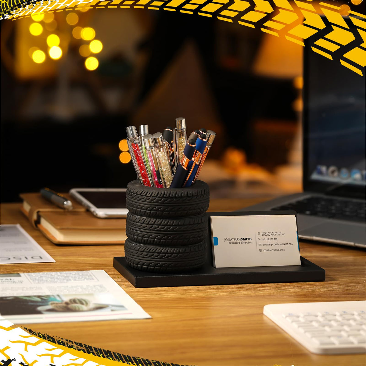 Eersida Tire Pencil Pen Holder Metal Card Holder Decor, Black, 7.5 Inch