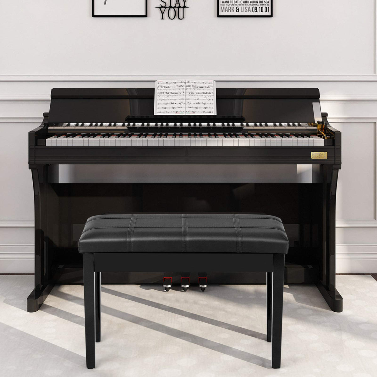 GOFLAME Piano Bench with Padded Cushion and Music Storage, Comfortable Double Duet Seat with PU