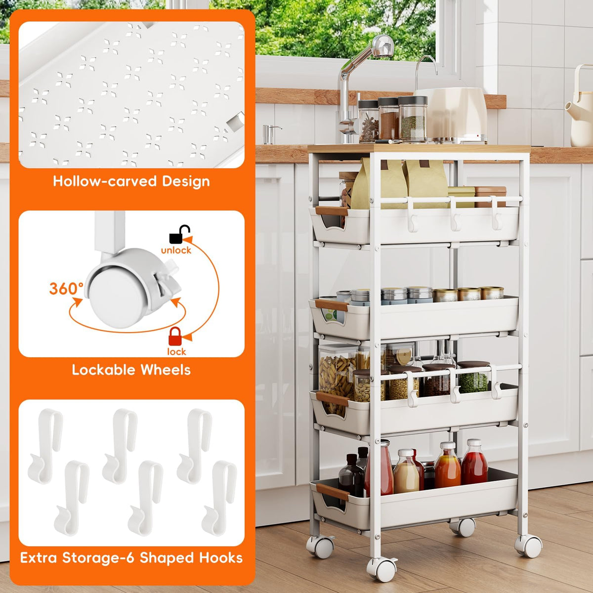 Landmok 5-Tier Kitchen Storage Cart, Wood Top Rolling Cart Organizer with Pull-Out Baskets &