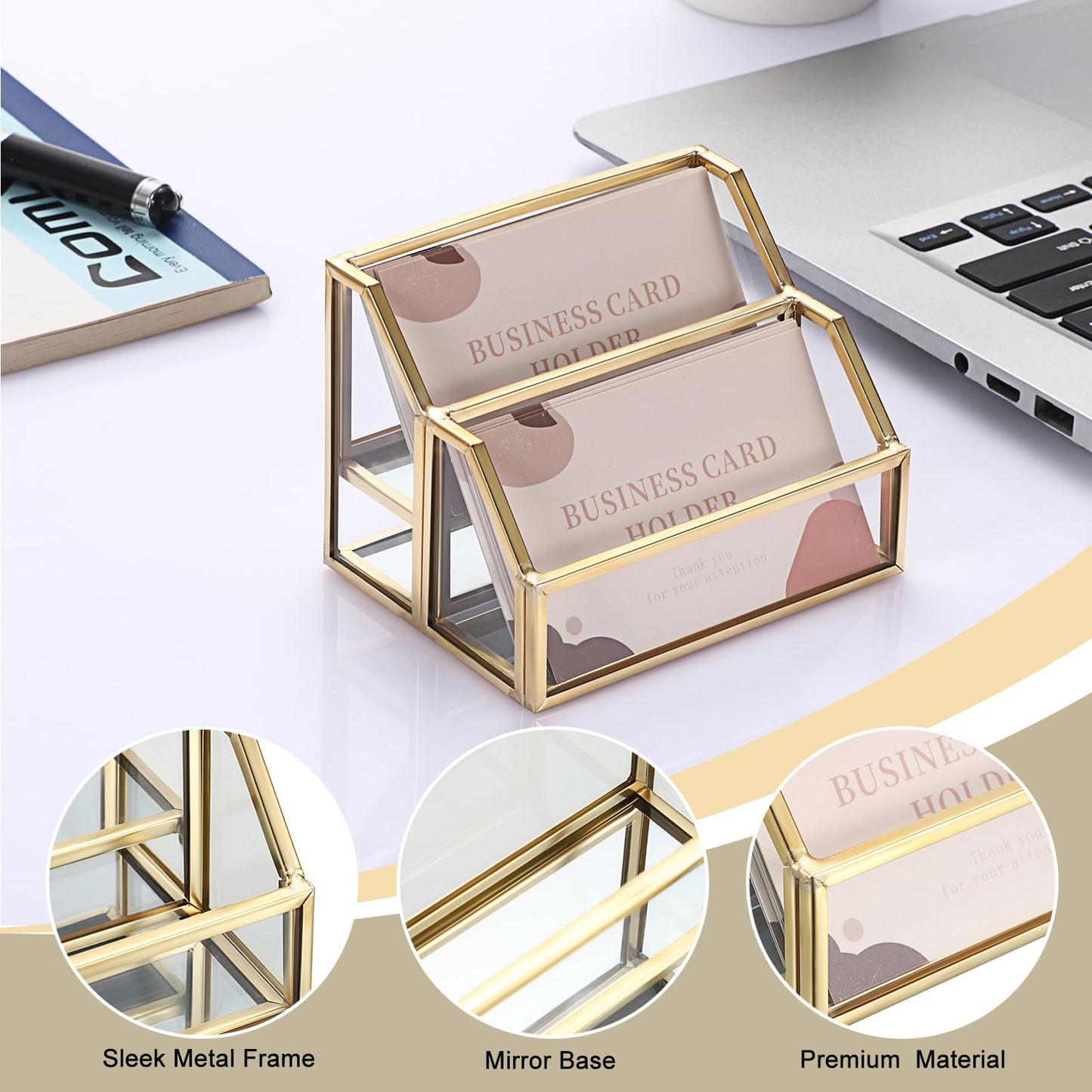 Hipiwe Glass Business Card Holder for Desk 2 Slots Gold Name Card Stand