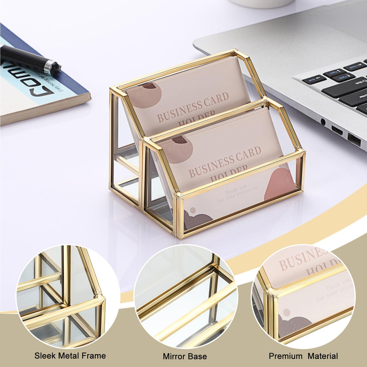Hipiwe Glass Business Card Holder for Desk 2 Slots Gold Name Card Stand
