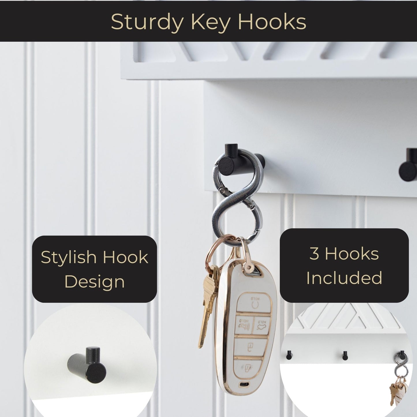 BLU MONACO | Wall Mount Key Holder with Mail Organizer | Wooden Command Center with 3 Hooks and