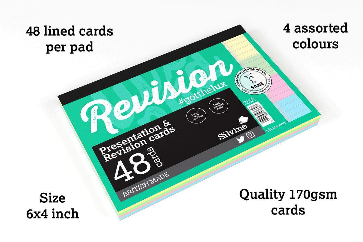 Silvine Luxpad 6x4" Gluebound Revision & Presentation Cards - Assorted Colours. 48 Cards Per Pad