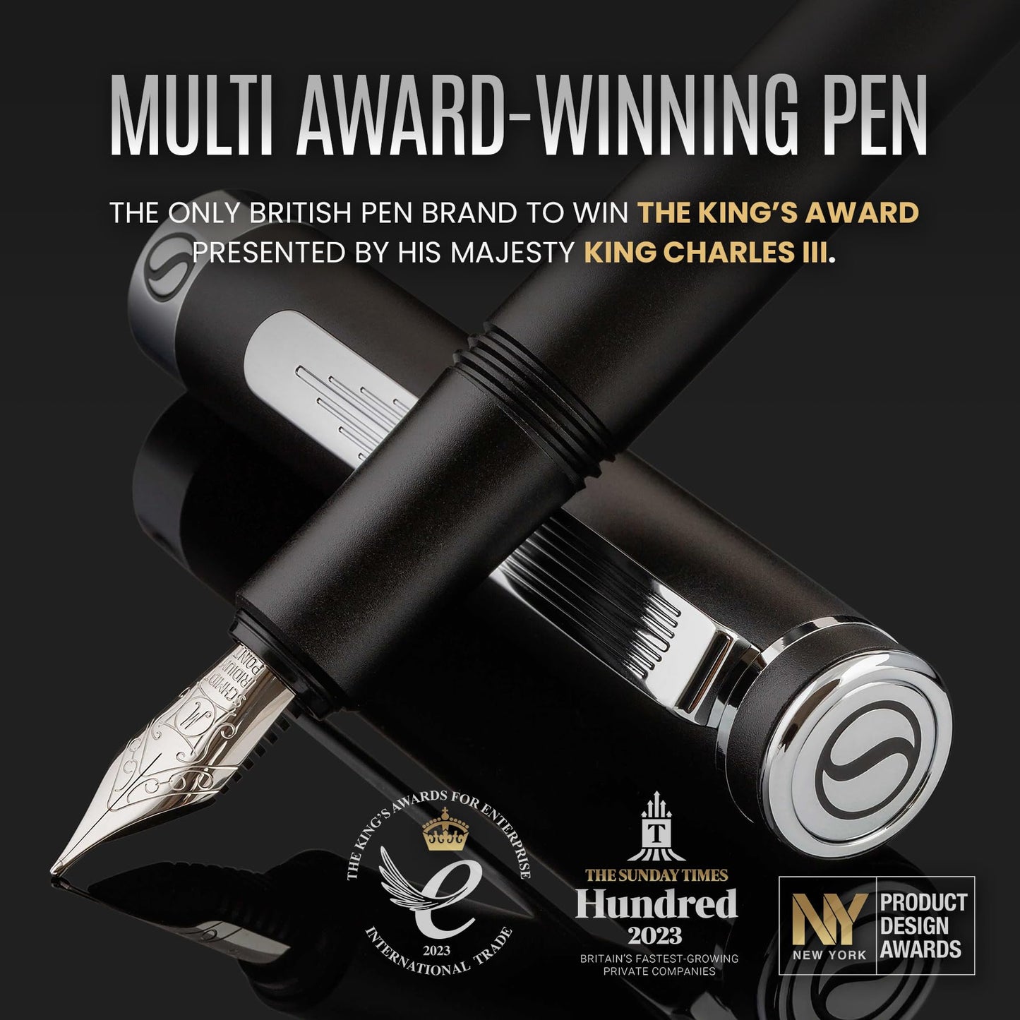 Scriveiner Luxury EDC Fountain Pen (Fine), Stunning Matt Black Pocket Pen, Chrome Finish, Schmidt