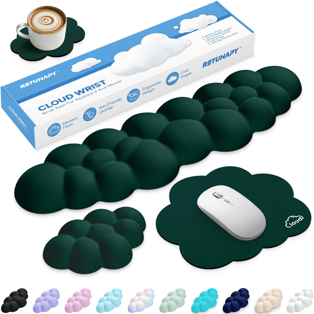 Retuhapy Cloud Wrist Rest Keyboard Cushion and Cloud Mouse Pad, Dark Green