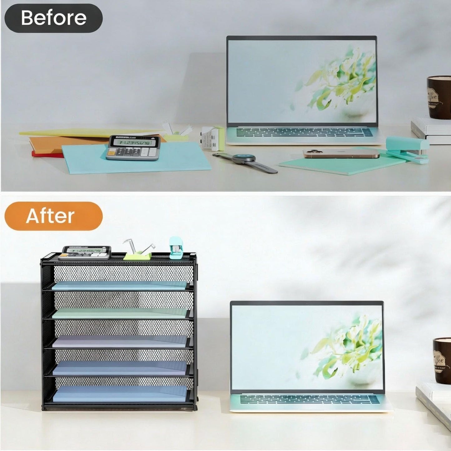 6 Tier Paper Organizer with Handle for Desk,Black with Closed top