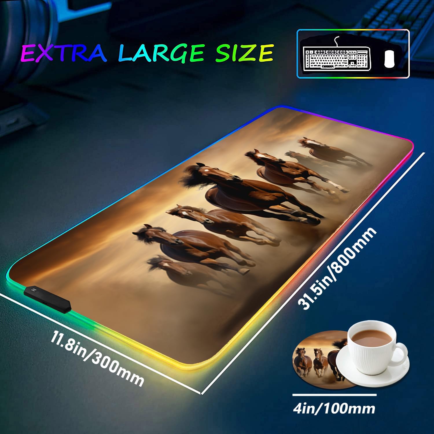 RGB Gaming Mouse Pad with Coffee Coaster, XXL Large Glowing LED Mousepad, Anti-Slip Rubber Base
