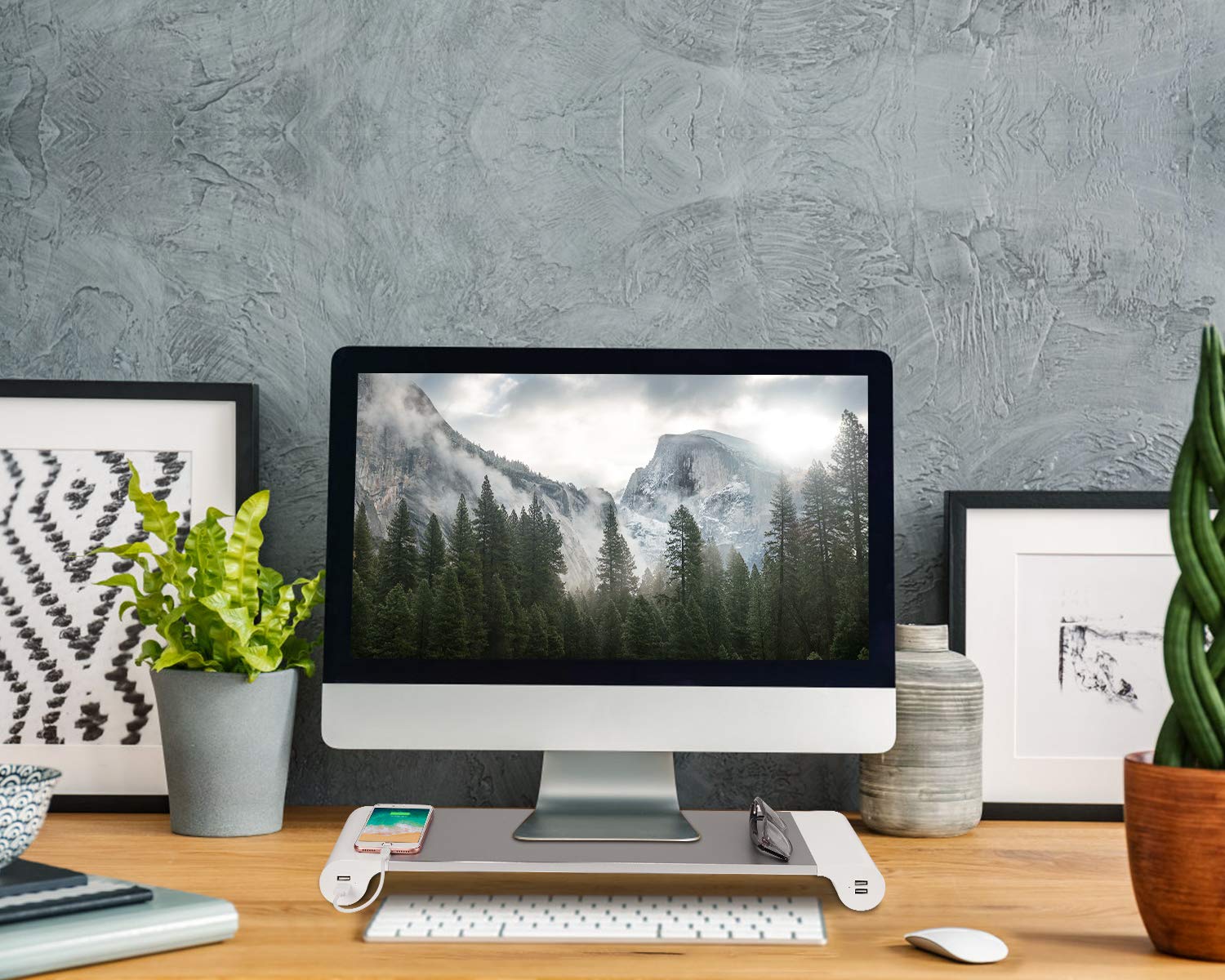 PG Silver Monitor Stand Riser with 4-Port USB Charging ports, Convenient keyboard organiser,Desktop