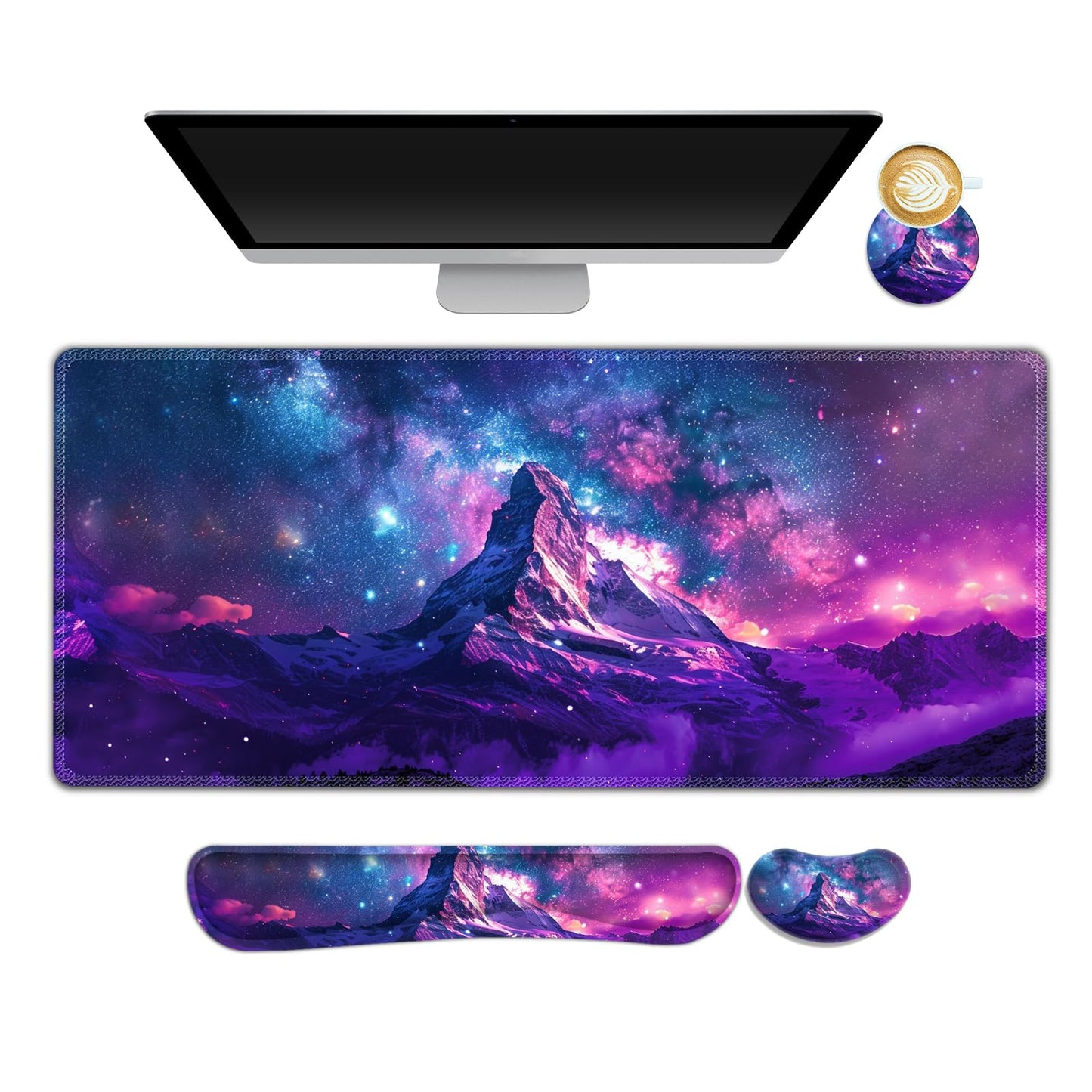NXZGO Large Gaming Mouse Pad Set, Purple 4 in1 Ergonomics Keyboard Desk Mat with Memory Foam Wrist