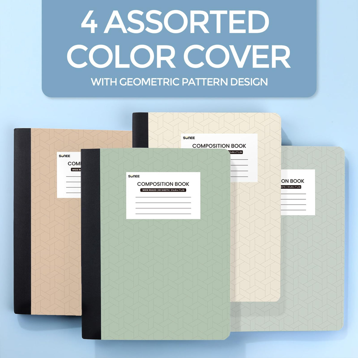 SUNEE Composition Notebooks - Wide Ruled Paper, 12 Pack Composition Book, 9 3/4" x 7 1/2", 80