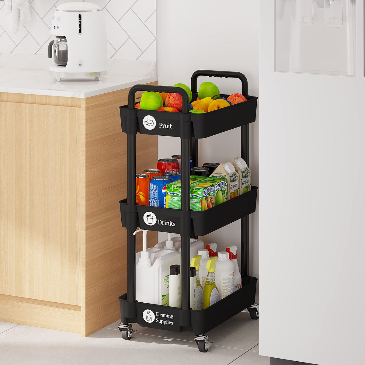 3 Tier Rolling Cart with Wheels, Utility Storage Carts,Black