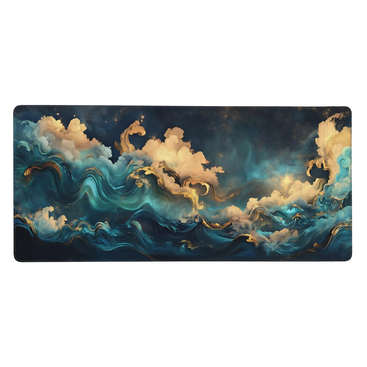 Aesthetic Cloud Gaming Mouse Pad, Deep Teal Ukiyo-e Desk Mat with Anti-Slip Base & Stitched