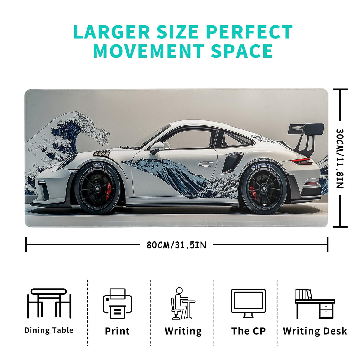 White Ukiyo-e Style Sports Car Large Gaming Mouse Pad Desktop Mat 31.5x11.8 Inch - Non-Slip Rubber
