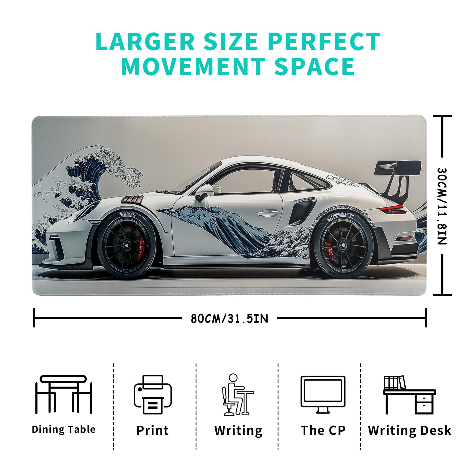 White Ukiyo-e Style Sports Car Large Gaming Mouse Pad Desktop Mat 31.5x11.8 Inch - Non-Slip Rubber