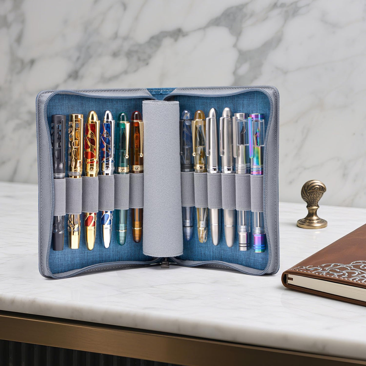 Asvine 12 Fountain Pen Case Blue Organizer Bag - Premium Waterproof Canvas Pen Display Holder