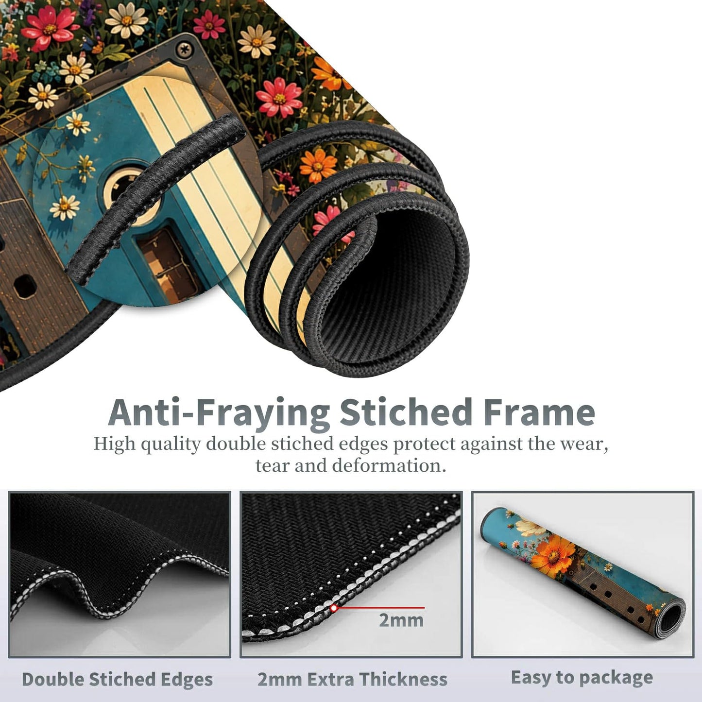 Floral Cassette Bloom Large Mouse Pad, 31.5 x 11.8 in Extended Desk Mat