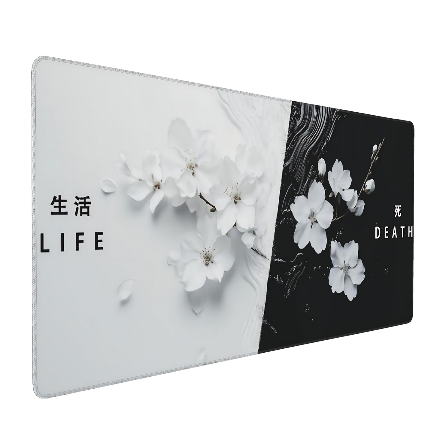 Floral Aesthetic Cherry Blossom Gaming Mouse Pad, Black White Japanese Desk Mat with Anti-Slip Base