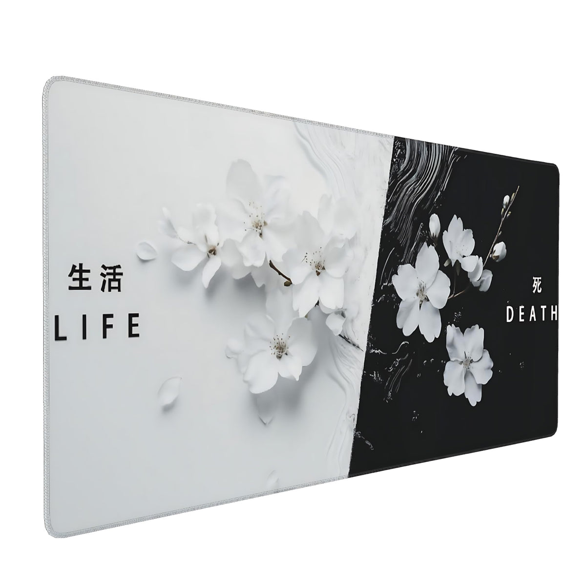 Floral Aesthetic Cherry Blossom Gaming Mouse Pad, Black White Japanese Desk Mat with Anti-Slip Base