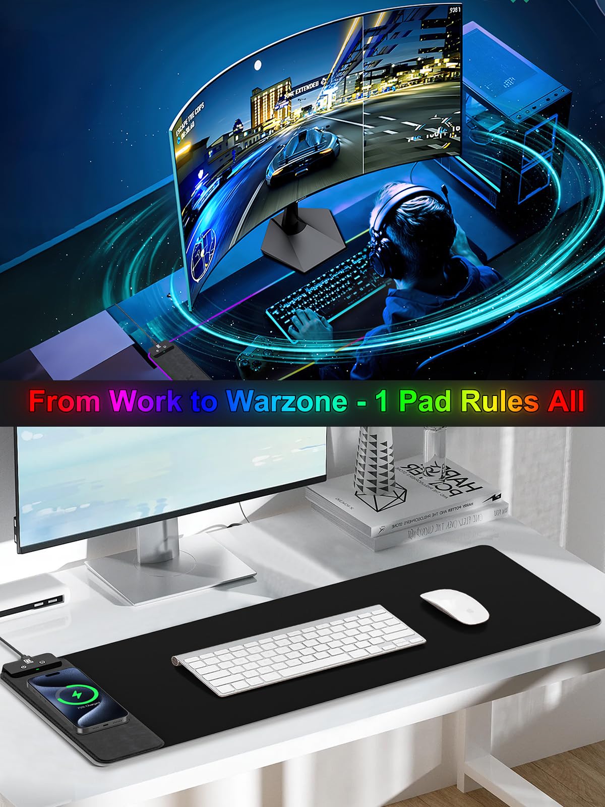 RGB Gaming Mouse Pad with Fast Wireless Charger, LED Extended Desk Mat, Home Office Large Desk Pad