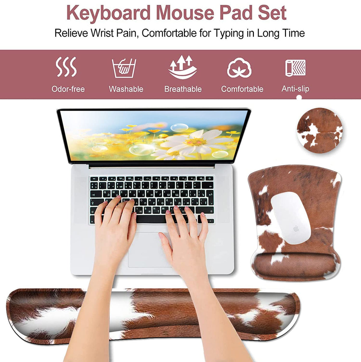 Keyboard Wrist Rest and Mouse Pad with Wrist Support Ergonomic Mousepad Coaster, Cowhide Farm
