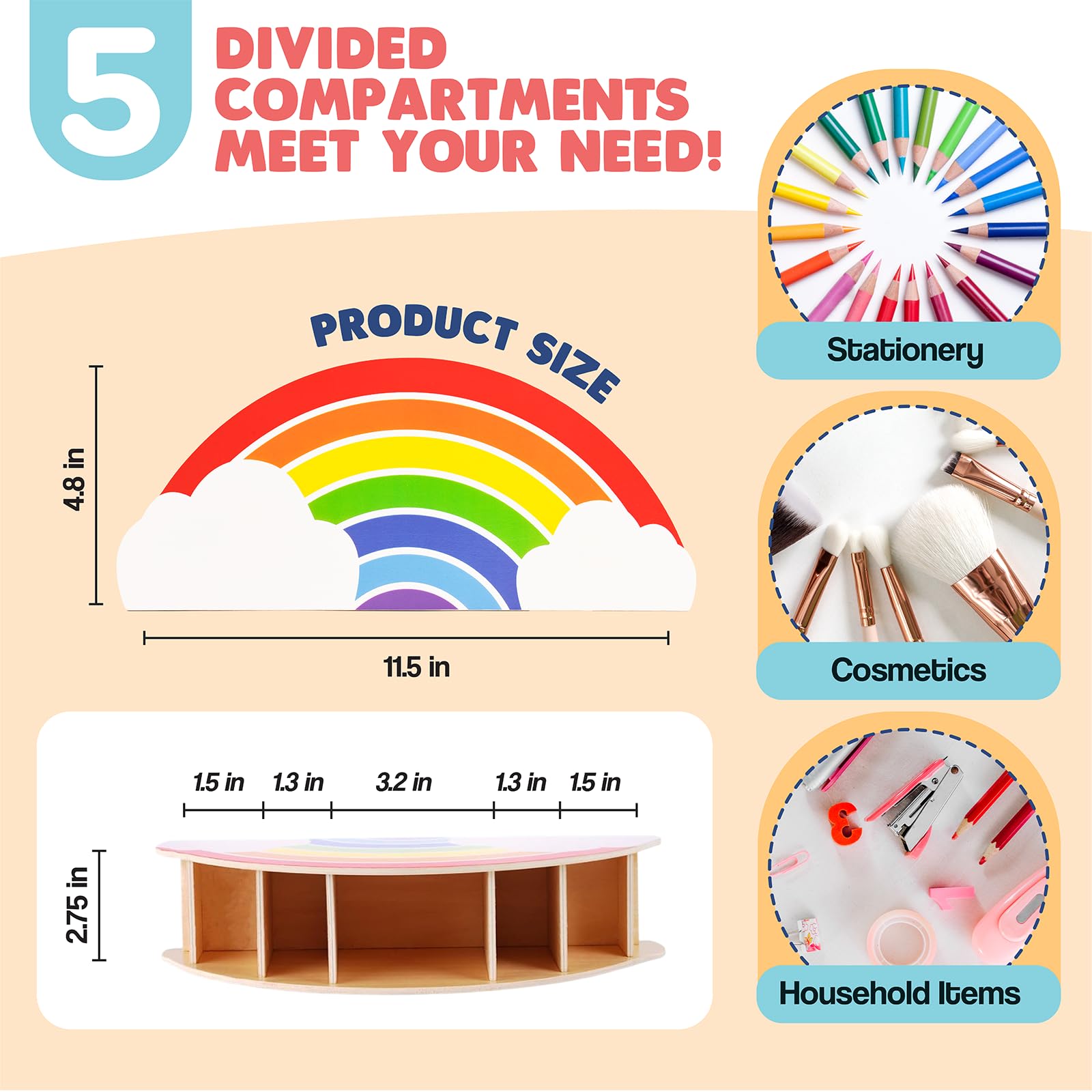 GAMENOTE Rainbow Wooden Desk Organizer Natural Wood No Smell Childfriendly Cute Pen Pencil Holder