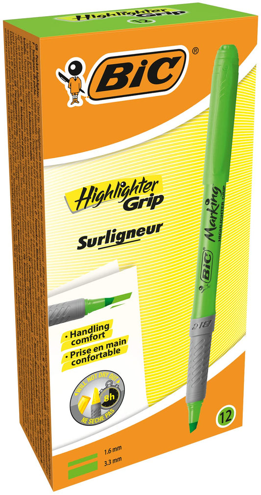 BIC Highlighter Grip Pens - Green, Box of 12