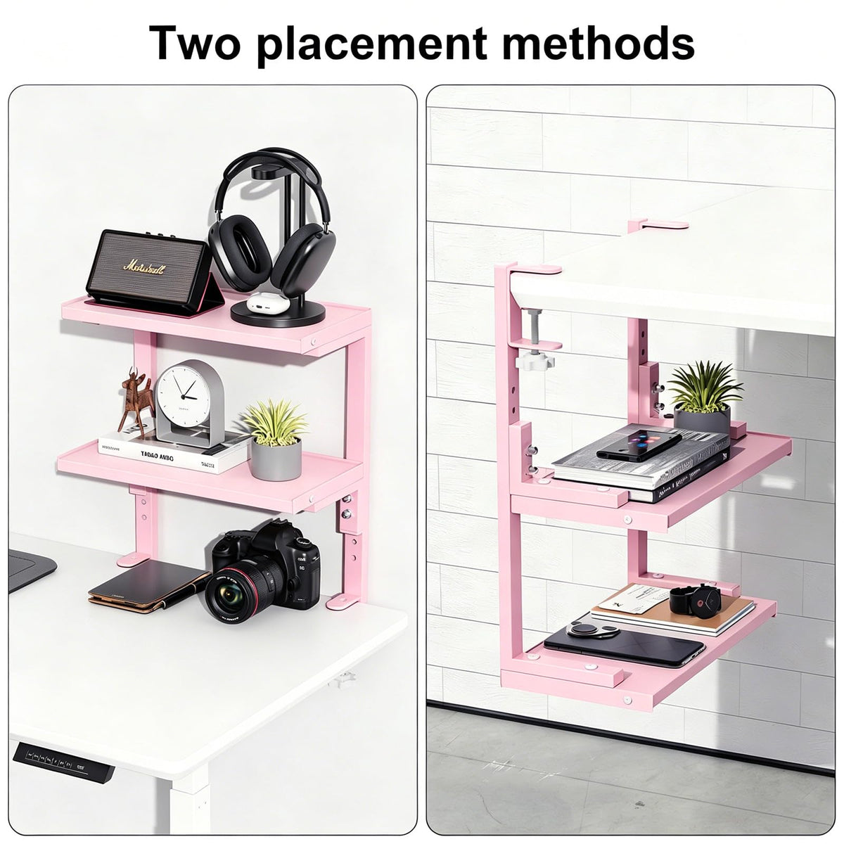 Spacrea Clamp on Desk Shelf, 2 Tier Office Desk Shelves Organizer, Wood Desktop Supplies Storage
