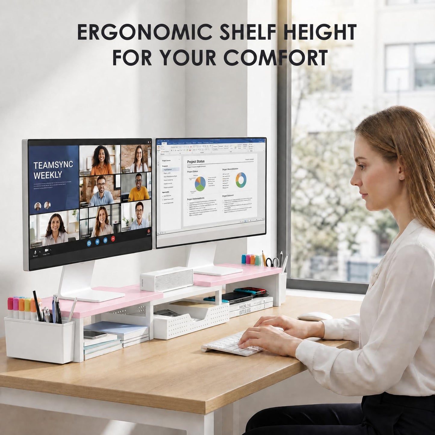 OPNICE Desk Organizers and Accessories, Dual Monitor Stand Riser with Drawer and 2 Pen Holders