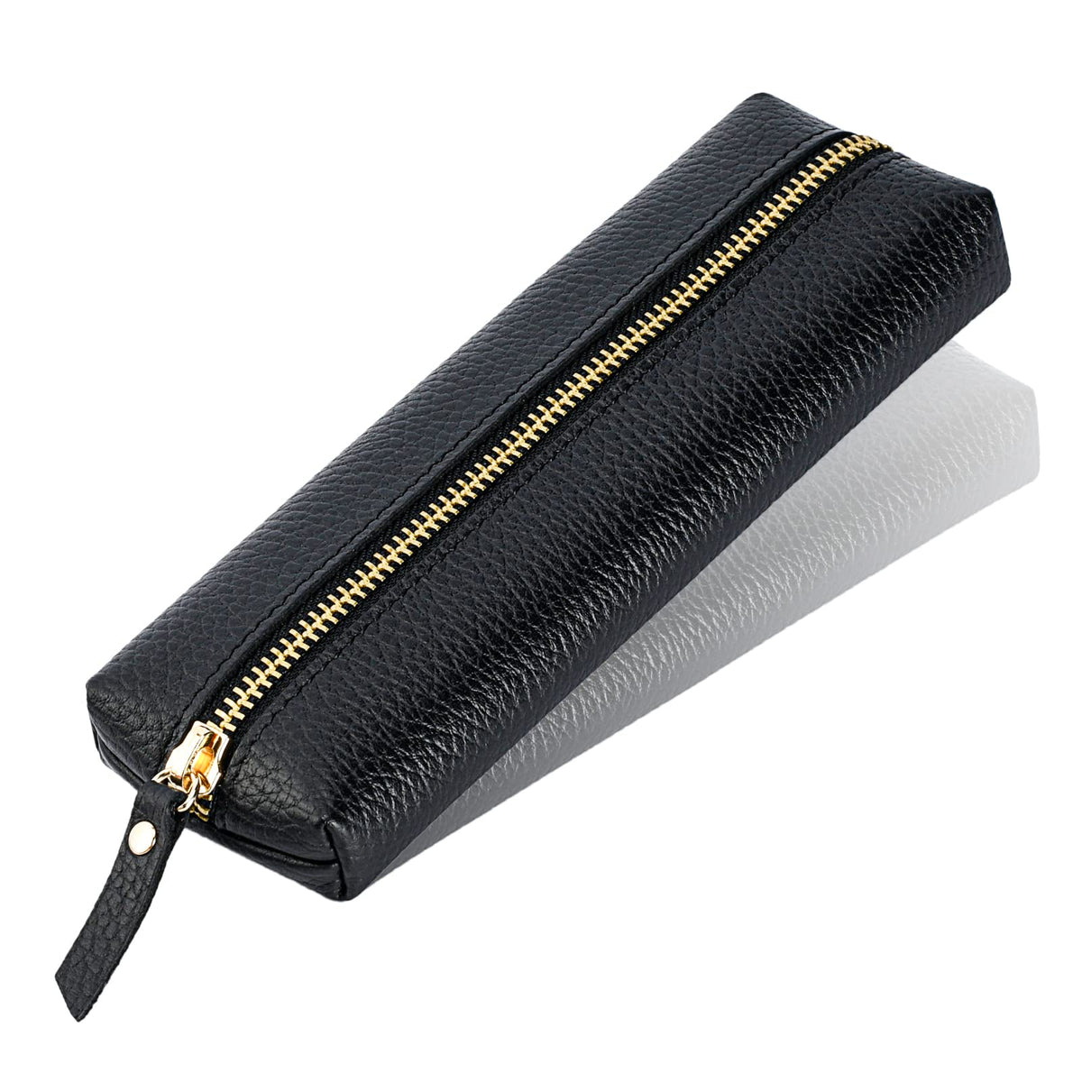 Sluxa Genuine leather pen case, Cowhide pencil pouch with zipper, Soft black pen bag for adults.