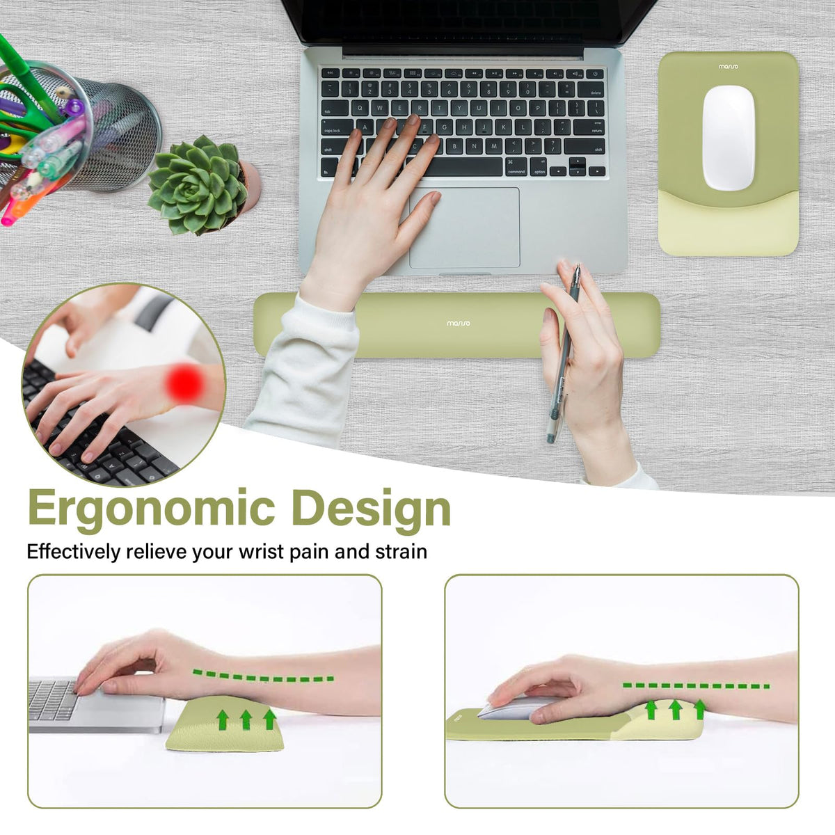 MOSISO Wrist Rest Support Mouse Pad & Keyboard Set, Olive Green
