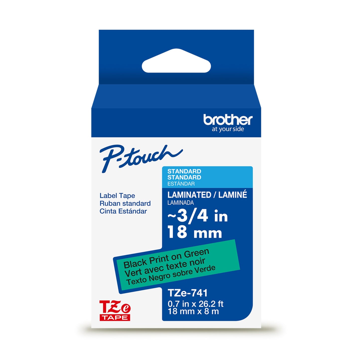 Brother Genuine P-Touch TZe Black Print on Green Label Tape (TZe741), Laminated,3/4in x 26.2ft