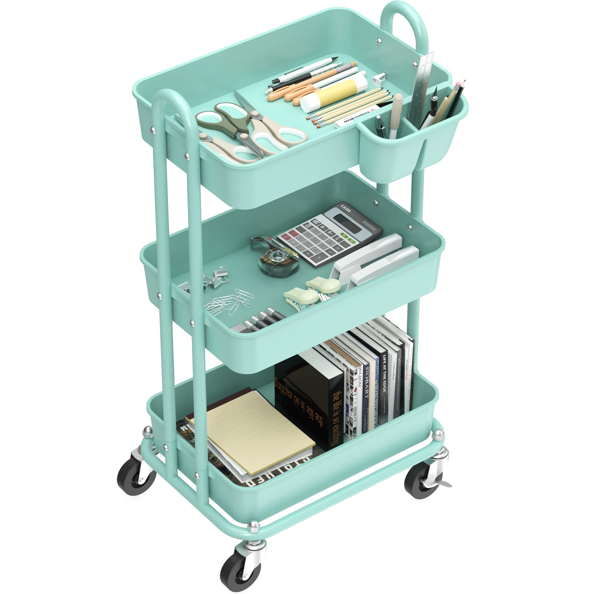 Simple Houseware 3-Tier Rolling Utility Cart with Hanging Bucket, Turquoise