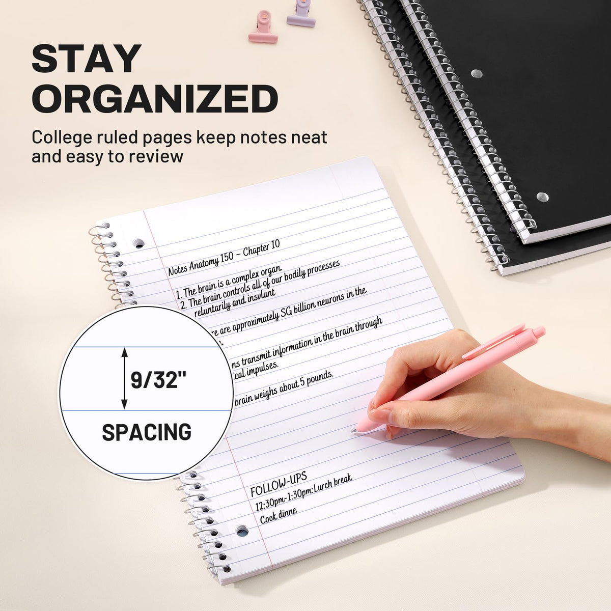SUNEE Spiral Notebooks, 3 Pack, 1-Subject, College Ruled Paper, 8" x 10-1/2", 70 Sheets per