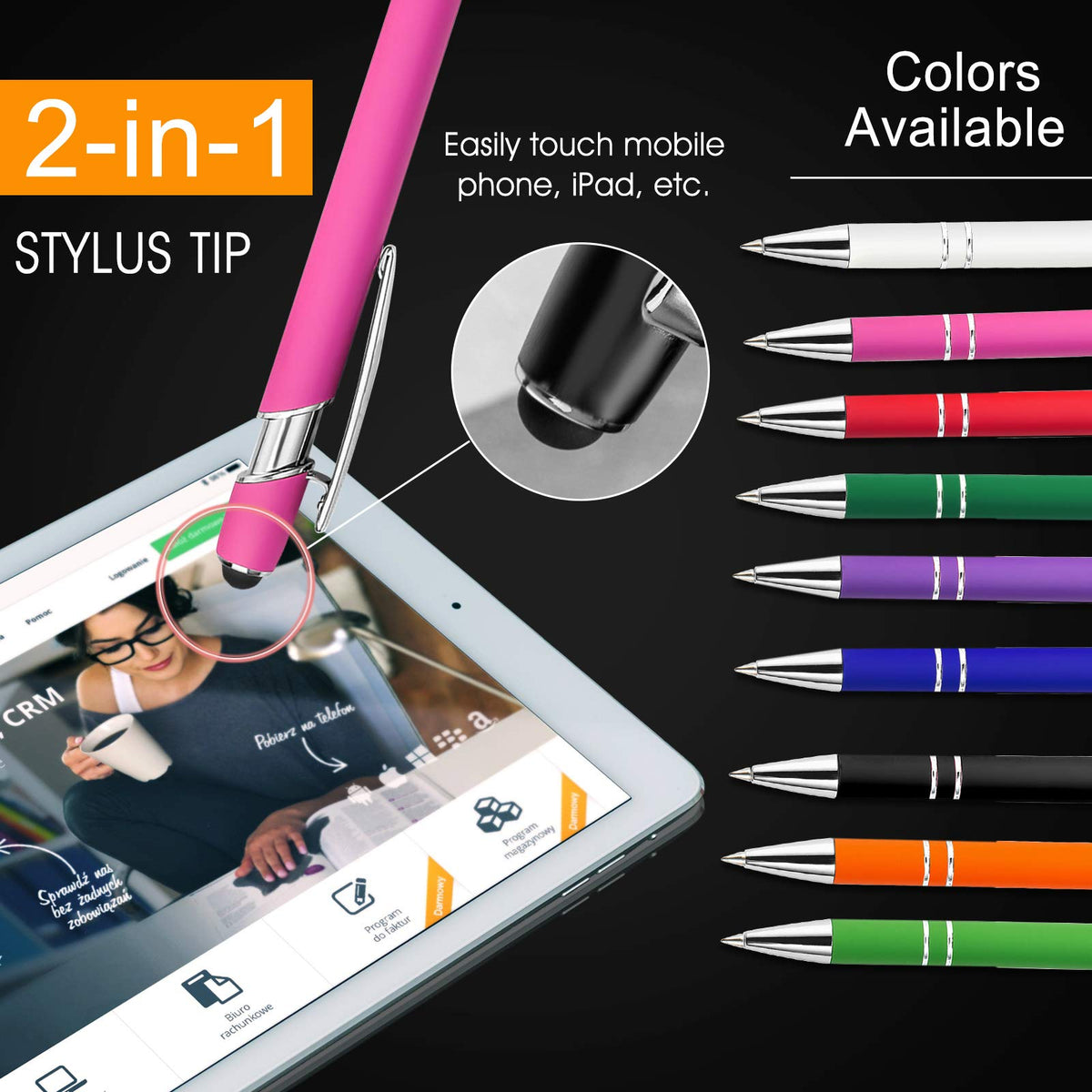 Aolun Personalised Pen,Custom Engraved Ballpoint Pen with Stylus,12 Pcs,Soft Touch Metal,Enter