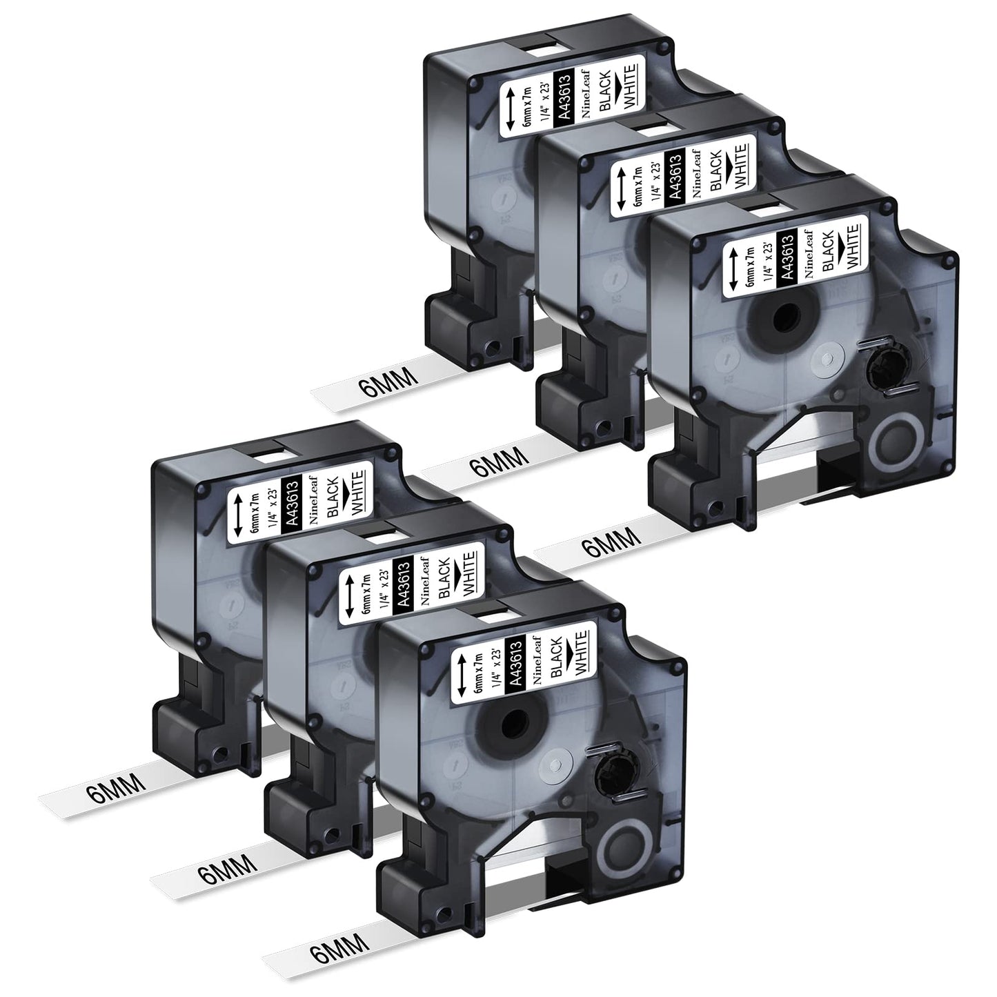 NineLeaf 6 PK Compatible for Dymo D1 43613 S0720780 Label Tape 6mm 1/4 Inch Black on White Refill