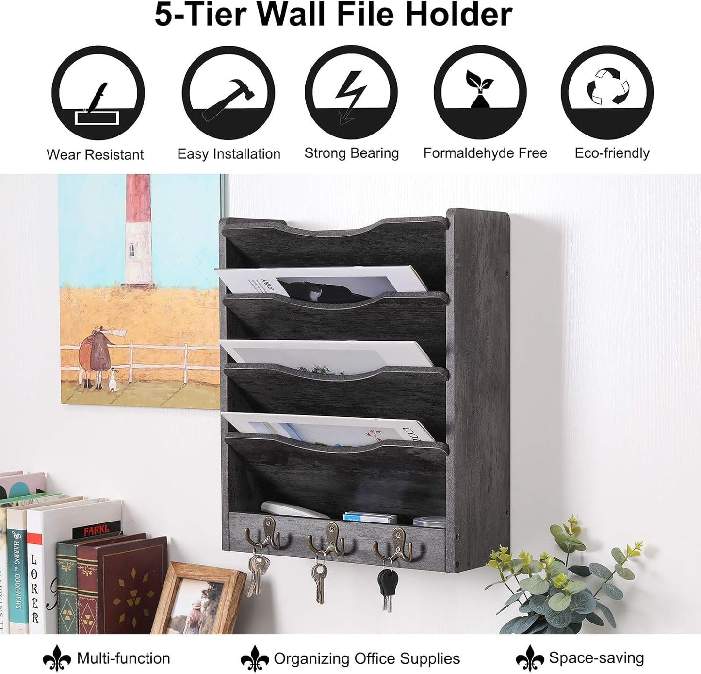PAG-Mass 5-Tier Wall File Holder Hanging Mail Organizer Wood Magazine Literature Rack with 6 Hooks