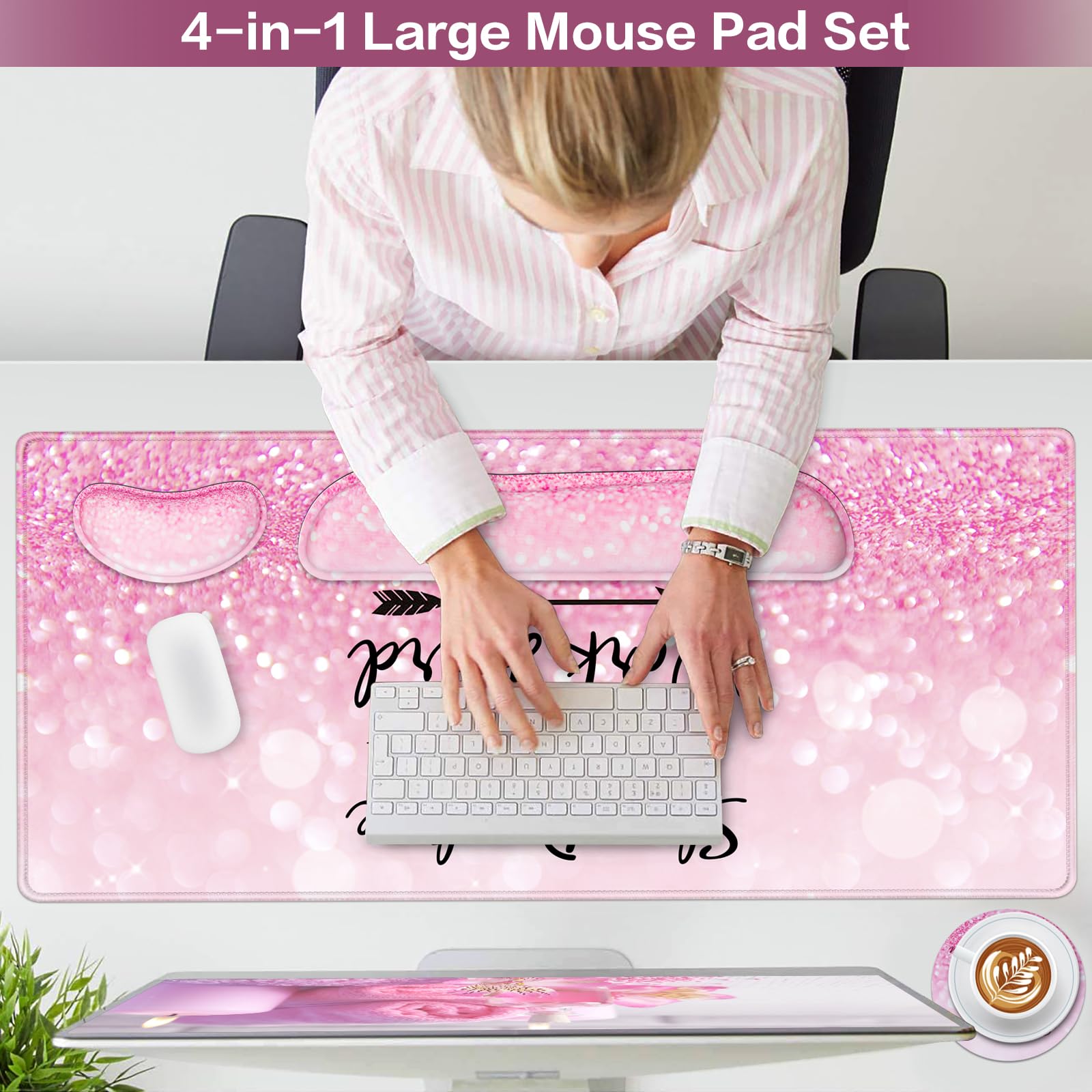 QOMOLAMA Mousepad Pink, Mouse Pad with Wrist Rest, 4-in-1