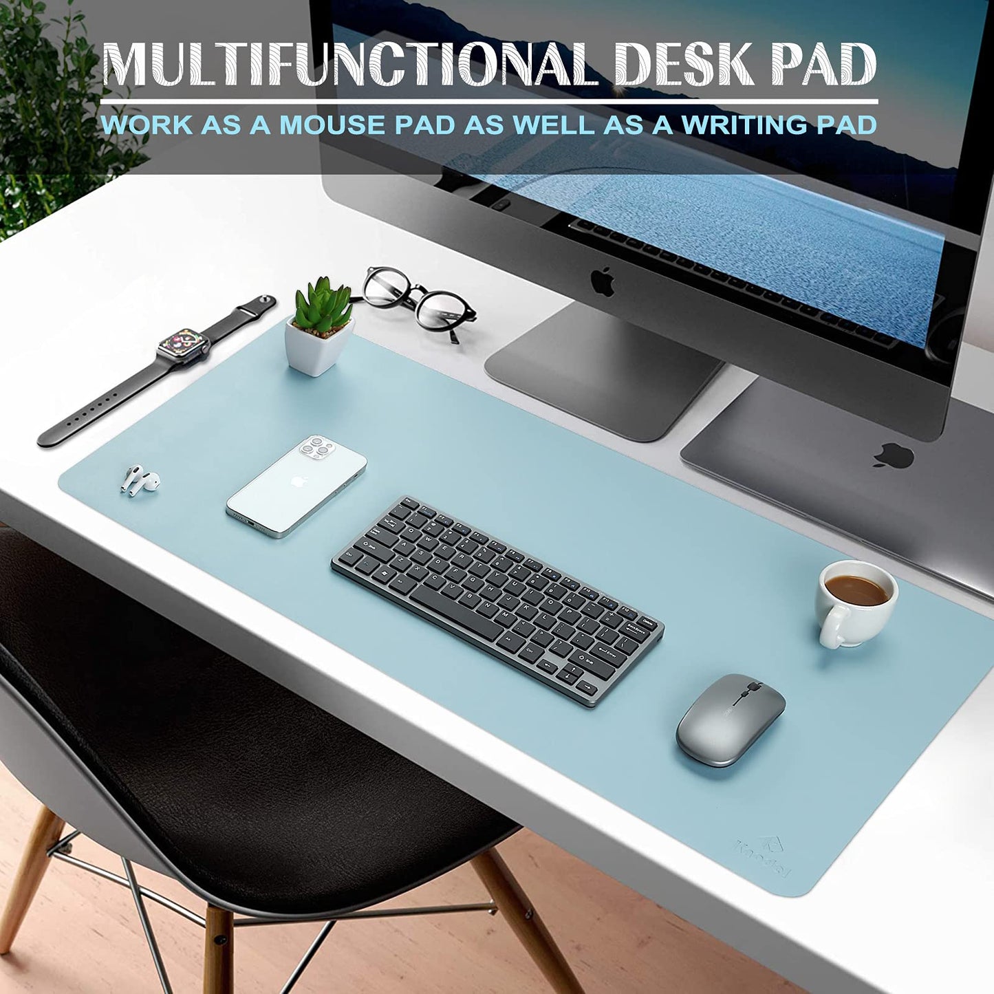 K KNODEL Extra Large Desk Mat, Leather Mouse Pad (35.4"x17", Light Blue)